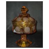 Vintage Fostoria Coin Glass amber wedding bowl with a lid. This specific pattern was produced by Fostoria from 1958 to 1982…..8-1/2” tall