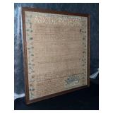 Framed (13 x 13-3/4) vintage Sampler…..threads are same color as background and very hard to read….by Polly ??