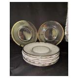 Set of (8) clear glass salad plates with gold rim and etched global design…..8”D