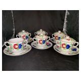 Set of (6) Baker & Co. Vintage Virginia Pattern Lidded Cups with Saucers….most have blemishes and one is missing lid