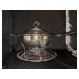 Very nice heavy duty Granada silverplate chafing dish, Glasbake insert and matching under tray (tray is engraved)…..needs polished