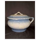 Vintage blue and white salt glazed lidded chamber pot….slight chipping (see pics)…..9-1/2”D x 5-1/4” tall