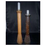 Pair of Antique Wood Textile Mill Bobbin Spools repurposed into candlesticks….12-1/4 and 13-1/2” tall