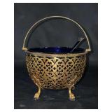 Vintage gilted brass sugar basket with cobalt blue insert and Lauridsen Denmark sterling and cobalt blue spoon