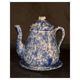 Vintage Burford Bros. Blue Spatterware Teapot and Tray…..6” tall