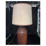 Vintage brown stoneware crock table lamp with a beige fabric shade (needs cleaned)…..20-1/4” tall