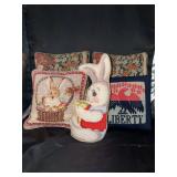 Beautiful grouping of smaller tapestry pillows with rabbit and Liberty design…..sizes range from 10 x 12, 9 x 9 and tapestry rabbit stands 11” tall