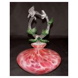 Vintage Pink Hand Blown Glass Perfume Bottle with Hummingbird Stopper…..6” tall