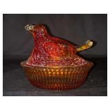 Vintage DEGENHART Amberina Glass Bird on Nest with Berry…..5-1/2” long x 4-3/4” tall