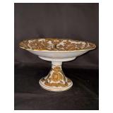 Vintage porcelain gilted compote…..very similar to Meissen but logo does not match….possibly reproduction….10-3/4”D x 6-1/2” tall