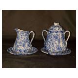 Vintage Burford Bros. Blue Spatterware Sugar and Creamer Set with under trays…..4 and 5-1/2” tall