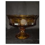 Vintage Fostoria Coin Glass amber footed bowl/compite. This specific pattern was produced by Fostoria from 1958 to 1982…..8-1/2”D x 6-1/2” tall