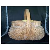Large vintage hand-woven splint buttocks gathering basket filled with fruit made from various materials ….14 x 13 x 13-1/2 tall to top of handle