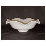 Vintage white milk glass fruit bowl with scalloped ruffled edge….9-1/2”D x 3-1/2” tall