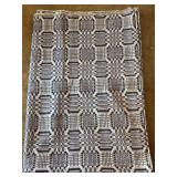 Full/Queen antique overshot coverlet, typically made of wool and cotton, featuring an indigo blue and natural white geometric pattern. These coverlets are considered collectible items due to their his