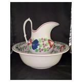 Vintage Norman W Franks London ceramic pitcher and wash basin set, featuring a hand-painted floral "stick spatter" design….with leafless glaze…..bowl is 16”D x 5-1/2” tall…..pitcher stands 1