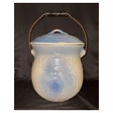 Blue and White Unmarked Stoneware Slop Jar with Lid…..12-1/2” tall to top of lid…..chipping (see pics)