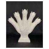 Vintage white ceramic five-finger tulipiere vase (also known as a posey holder) with a grapevine design….9” across x 8-1/2” tall…..no chips or cracks