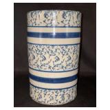 Rare blue and white spongeware stoneware umbrella stand/Crock. It features six blue stripes outlining three sections of careful sponging…..6-1/4”D x 10-1/2” tall