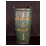 Antique green leather fire bucked stamped N.L. Fall Green-St. - 8”D x 13-1/2” tall…..tag lists at $550