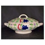 Antique Norman Franks London Spongeware Covered Casserole…..well loved and used….price tag of $275…..7-1/2D x 3 tall (not including lid