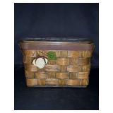 Vintage Caro Nan-style hand-painted wooden basket purse with a cotton boll and leaf design…..signed Katy on top and Goldsmith’s KAD inside on lid