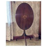 Charming American Federal-Style Oval Tilt-Top Table with Inlaid Marquetry Mahogany…..tilt down measures 26 x 18 x 27-1/2 tall…..upright is 41” tall