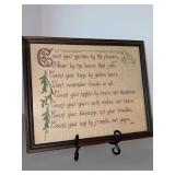 Vintage framed cross stitch art - initialed MEL…..13-1/2 x 11