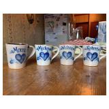 Set of (4) personalized Rowe Pottery salt glaze cups