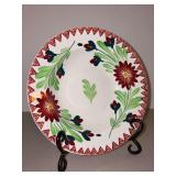 Antique Villeroy & Boch Wallerfangen Saar Basin 8-1/2” soup bowl featuring red dahlia-like flowers with green foliage and a geometric border trim