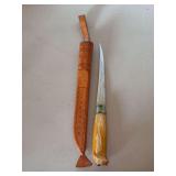 Vintage Rapala J. Marttiini Finland fillet knife, recognizable by its inscribed blade and characteristic birch wood handle and leather sheath…..10-3/4” long