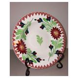 Antique Villeroy & Boch Wallerfangen Saar Basin 8-1/2” soup bowl featuring red dahlia-like flowers with green foliage and a geometric border trim