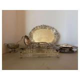 Grouping of silverplate items - tray in back is by Towle and buffet caddy is by Oneida