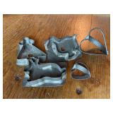 (5) antique metal cookie cutters…..2 hearts, rabbit, duck and angel