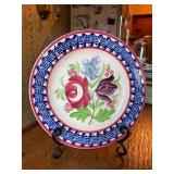 Unmarked stick Spatterware 9-1/2” floral design plate…..crazing from age