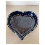 Pennsylvania Dutch Bennington Potters Vermont Spatterware Blue Heart-Shaped baking dish…..12” across x 11” x 2–/4” tall…..marked 1951