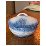 Pennsylvania Dutch salt glazed ceramic lidded butter bowl…..5-1/4”D x 2-1/4” tall (without lid)… 4” tall with lid….chipping