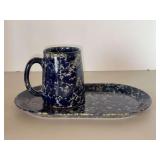 Pennsylvania Dutch Bennington Potters Vermont Spatterware Blue snack tray & cup…..10-1/2 x 6-1/2…..both can be used individually as well