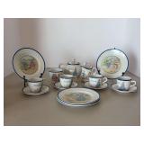 Antique Bedford Child’s 15-piece Tea Set with Nursery Rhyme Characters…..pitcher, creamer/sugar set, 4 plates, 4 cups and 4 saucers