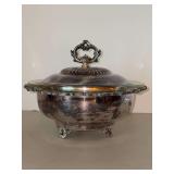 Lancaster Silver Co. Silverplate Buffet Serving Dish with PYREX clear glass insert…..9-3/4”D x 8” tall to top of handle…..needs polished