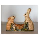 Vintage Gorham Vaillancourt Folk Art ceramic “Three Bunnies with Basket” figurine….. long x 6” tall