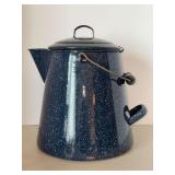 Large Graniteware Enamelware Navy Blue Speckled Cowboy Coffee Pot with bale handle