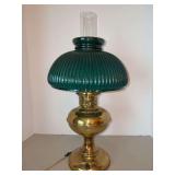 Antique Rayo Electrified Brass Oil Lamp with Green Ribbed Glass Shade and clear glass hurricane…..not tested and shade has chipping