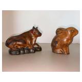 (2) vintage American Primitive Folk Art chalkware pieces…..resting cow and dotting rabbit