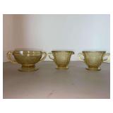 Grouping Federal Glass Madrid Amber items…..(2) sugar bowls and a creamer