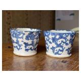 Set of (2) Conner Prairie 1988 salt glaze blue and white Spongeware custard cups…..2-3/4”D x 2-1/4” tall