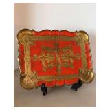 Vintage Italian Florentine decorative tray, typically handcrafted from wood with a red base and ornate gold gilt scrollwork…..14 x 10-1/2