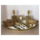 Vintage 8-piece Gold Ormolu Filagree Cherub Rose Vanity Set Amber Glass Accents….2 more pieces were found (please see pics)