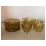 Grouping of (12) Federal Glass Madrid Amber saucers and (11) cups - also includes (7) dessert plates…..some chipping….see all pics