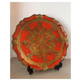 Vintage Italian Florentine decorative tray, typically handcrafted from wood with a red base and ornate gold gilt scrollwork…..15-1/2”D